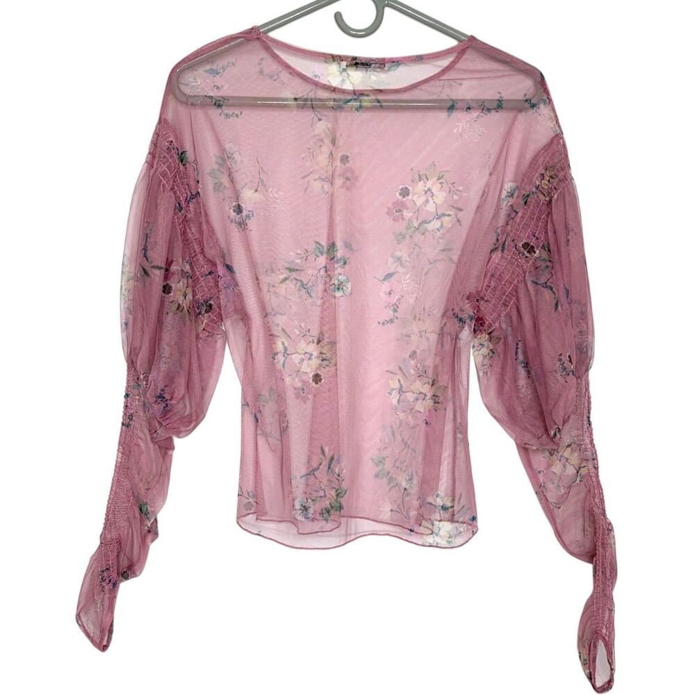 ZARA Floral Mesh Blouse Sz L Balloon Ruched sleeves Fairycore Romantic Dainty